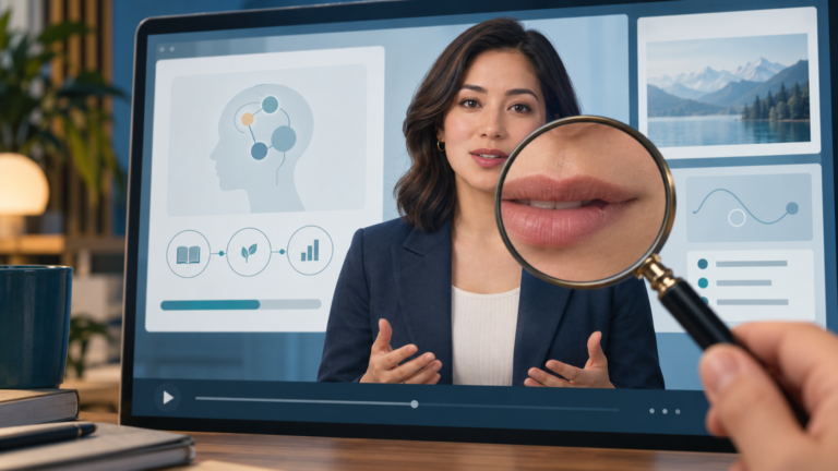 magnifying lens showing flaws in AI presenter