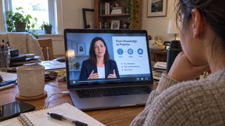 A learner watches an AI avatar deliver an online training presentation on a laptop in a home workspace.