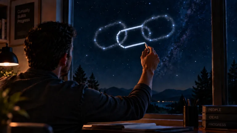 A person draws the final straight-line segment of a chain-link constellation on a window, connecting two fuzzy star-shaped links in the night sky.